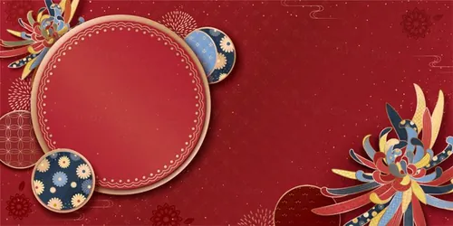 农历新年贺卡横幅与菊花和红色背景上的传统图案中国风元素新年传统横幅矢量背景素材