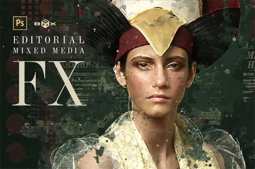 PS动作复古油画笔触喷溅笔墨 Editorial Mixed Medi