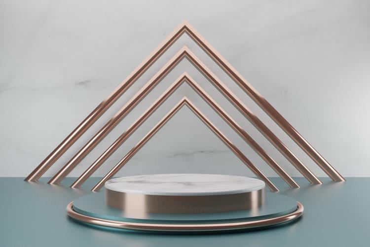 高质量3D渲染产品展示台金色大理石讲台场景高清绿色地面背景素