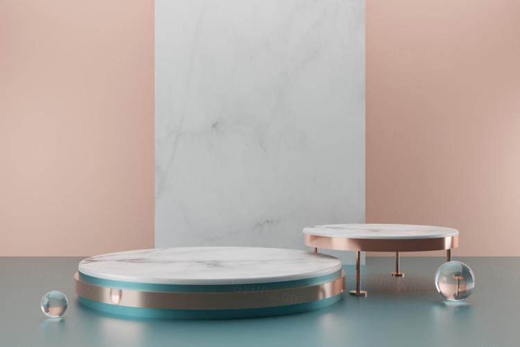 高质量3D渲染产品展示台金色大理石讲台场景高清绿色地面背景素