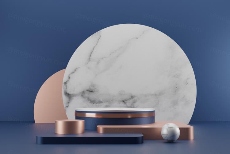 高质量3D渲染产品展示台金色大理石讲台场景高清蓝色背景素材