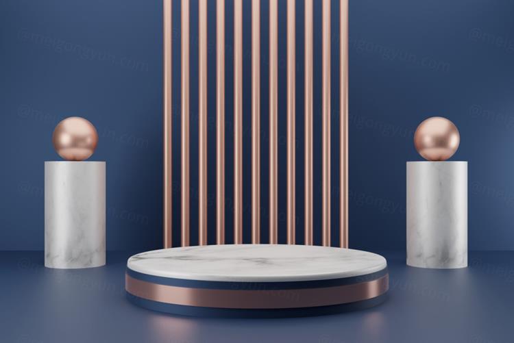 高质量3D渲染产品展示台金色大理石讲台场景高清蓝色背景素材