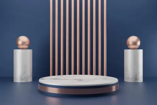 高质量3D渲染产品展示台金色大理石讲台场景高清蓝色背景素材