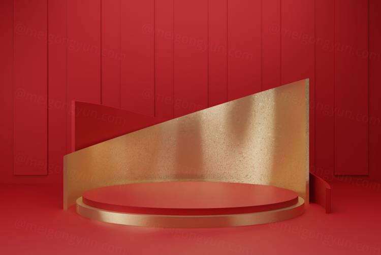 高质量3D渲染简约风产品展示台金色讲台场景高清红色背景素材