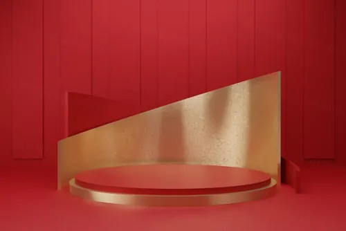 高质量3D渲染简约风产品展示台金色讲台场景高清红色背景素材