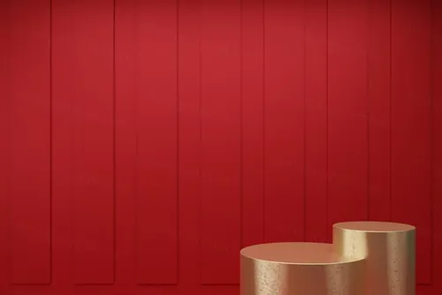 高质量3D渲染简约风产品展示台金色讲台场景高清红色背景素材