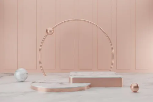 高质量3D渲染产品展示台金色白色大理石讲台场景高清粉色背景素