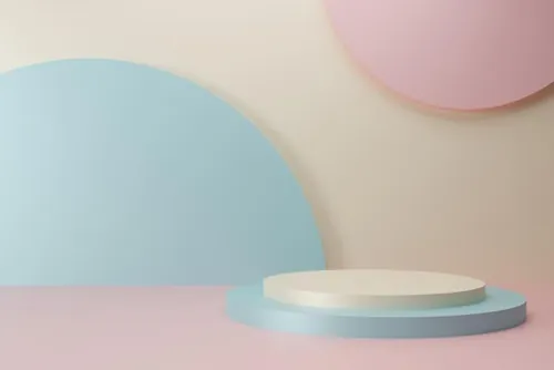 高质量3D渲染清爽蓝粉色简约风产品展示台金色领奖台场景高清背