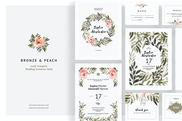 手绘水彩牡丹玫瑰婚礼邀请函请柬设计模板 Bronze  Peach Wedding Invitations