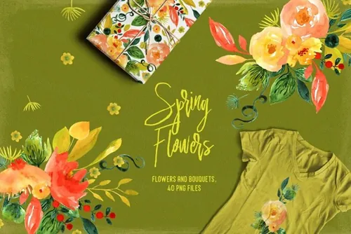 手绘水彩春天花卉花束设计素材 Spring-Flowers