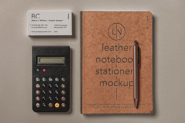皮革封面Psd笔记本样机 Leather Cover Psd Notebook Mockup Set