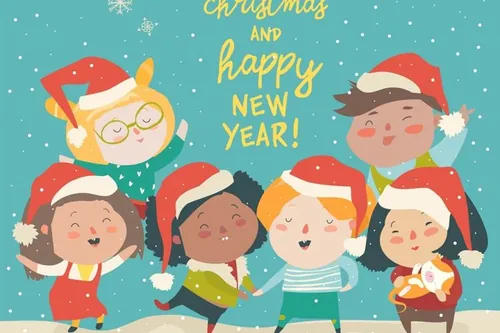 圣诞节主题儿童矢量插画[雪花背景] elements-group-of-children-different-nationa...