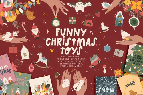 高质量冬季圣诞节玩具花束花卉矢量装饰插画素材合辑 Funny