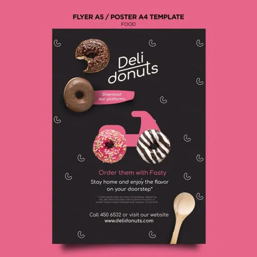 美味甜甜圈咖啡店快餐店A4单页传单海报设计PSD模板素材 Poster A4 Template