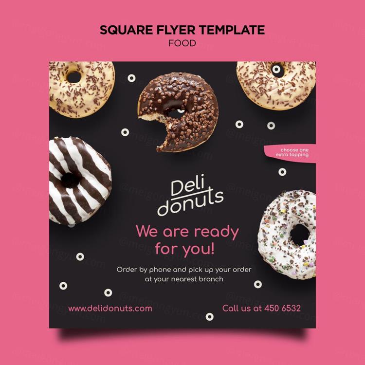 美味甜甜圈咖啡店快餐店正方形单页传单海报设计PSD模板素材