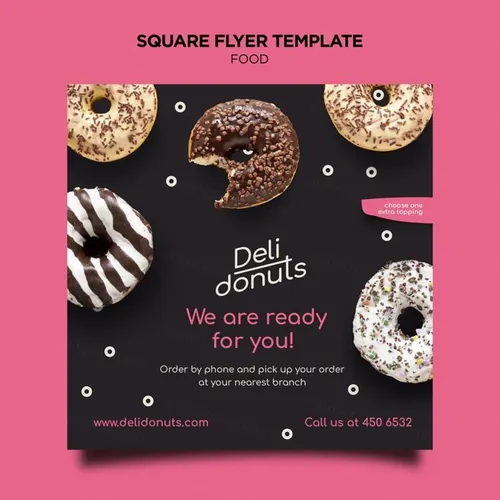 美味甜甜圈咖啡店快餐店正方形单页传单海报设计PSD模板素材