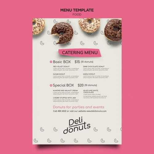 美味甜甜圈咖啡店快餐店菜单设计PSD模板素材 Delicious donuts menu template