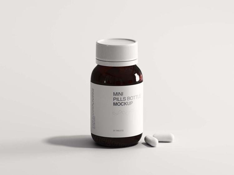 保健品维生素药丸医用药瓶包装设计提案样机PSD模板 Mini Pills Bottle Mockup