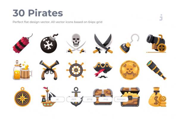 海盗主题扁平化图标 30 Pirates Icons – Flat
