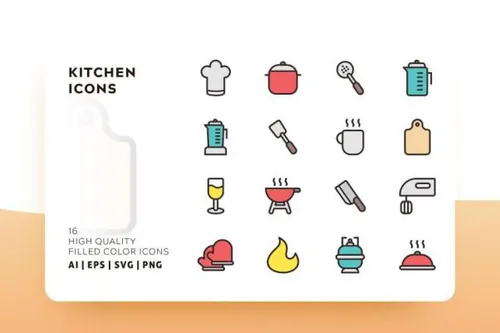 厨房用品主题填充图标矢量图标素材 KITCHEN FILLED COL