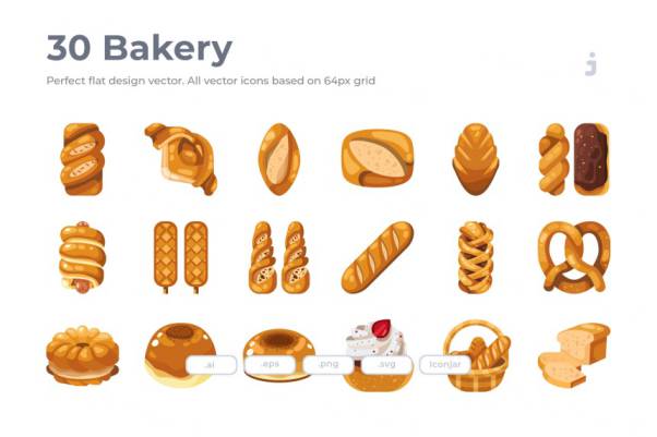 烘焙面包扁平化图标 30 Bakery Icons – Flat