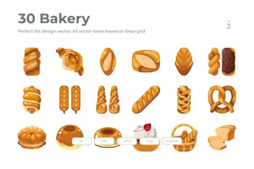 烘焙面包扁平化图标 30 Bakery Icons – Flat