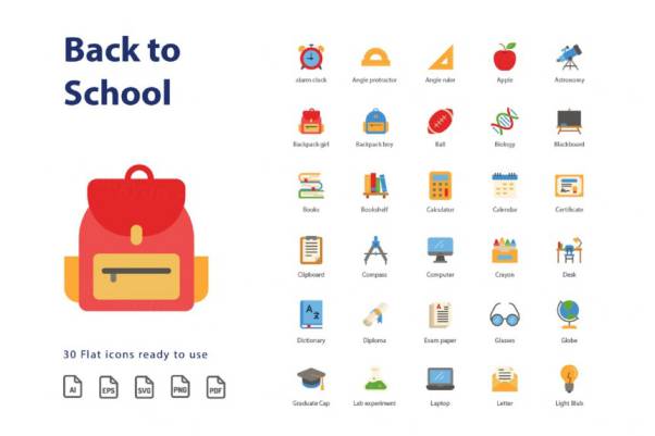 校园教育主题扁平化设计风格矢量图标素材 Back To School
