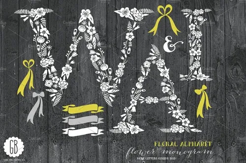 创意花卉字母丝带装饰元素 Floral-letters-ru