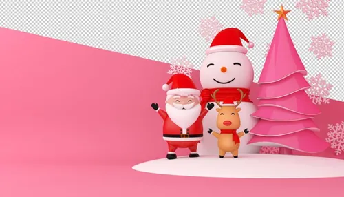 圣诞节3D渲染卡通可爱新年快乐场景PSD分层插画素材 Merry christmas happy new year