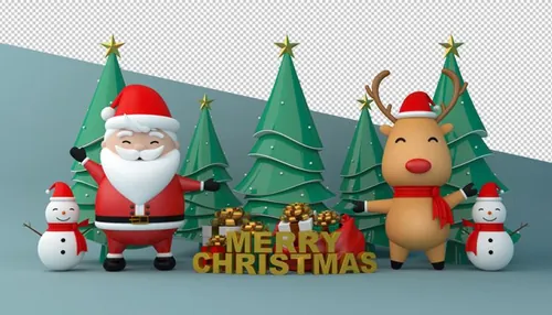 圣诞节3D渲染卡通可爱新年快乐场景PSD分层插画素材 Merry christmas happy new year