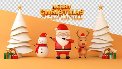 圣诞节3D渲染卡通可爱新年快乐场景PSD分层插画素材 Merry christmas happy new year