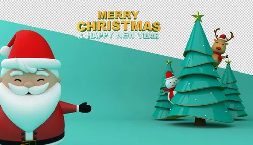 圣诞节3D渲染卡通可爱新年快乐场景PSD分层插画素材 Merry christmas happy new year