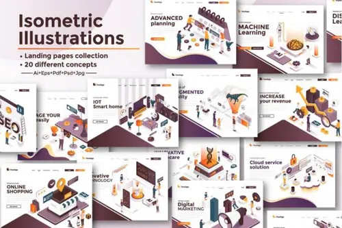 时尚高端流行风格的3D立体2.5D等轴等距登录页面collection of l