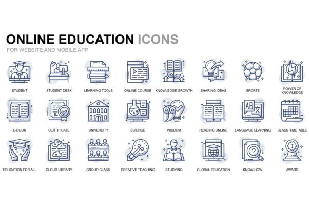 在线教育主题细线图标素材 Online Education Thin