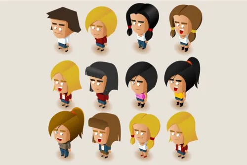 3D立体2.5D等轴等距可爱时尚女人吉祥物设计模板people wom