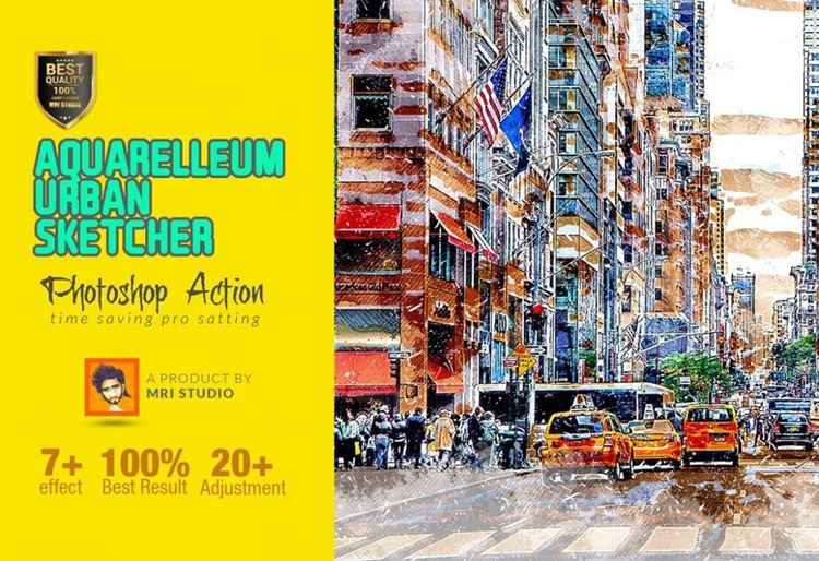 高质量城市照片转彩色素描效果PS动作素材 Aquarelle