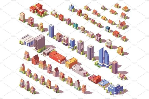 矢量等距建筑楼房图标Vector low poly isometric buildings set