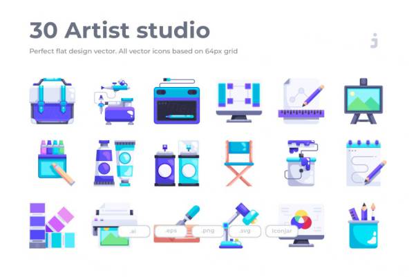 艺术工作室扁平化设计图标 30 Artist studio Icons
