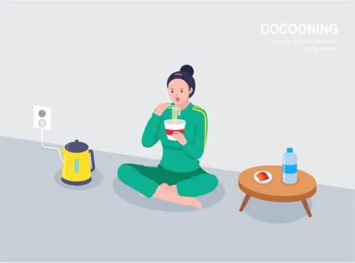 桌子书本沙发笔记本电脑居家男女科技插图插画cocooning