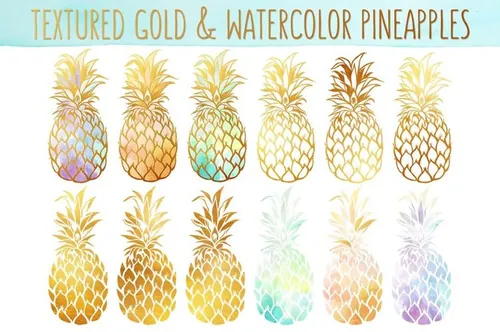 手绘菠萝设计素材Watercolor  Gold Pineapples Bundle