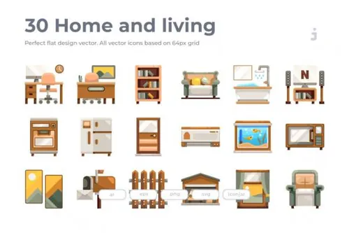 扁平化设计风格矢量图标 30 Home and living Icon