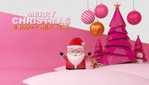 圣诞节3D渲染卡通可爱新年快乐场景PSD分层插画素材 Merry christmas happy new year