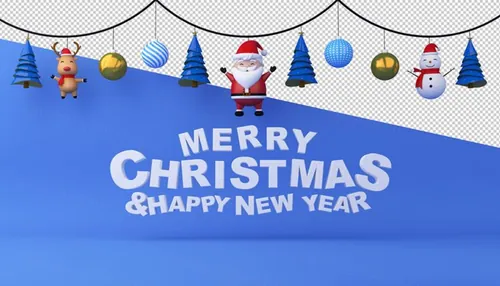 圣诞节3D渲染卡通可爱新年快乐场景PSD分层插画素材 Merry christmas happy new year