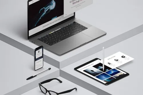 PSD Macbook Pro样机和iPad Pro等距设备 UI Isometric Psd Devices Pack Vol4