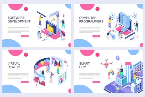 时尚现代平面设计的等轴等距2.5D区块链landing page