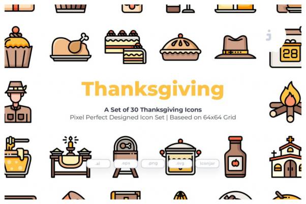 感恩节节日主题矢量图标 30 Thanksgiving Icons