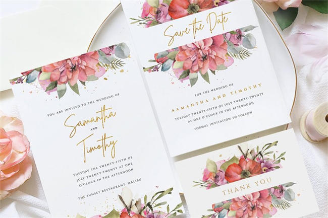 粉色水彩花卉婚礼邀请函模板素材 Gold Floral Wedding Invite Suite