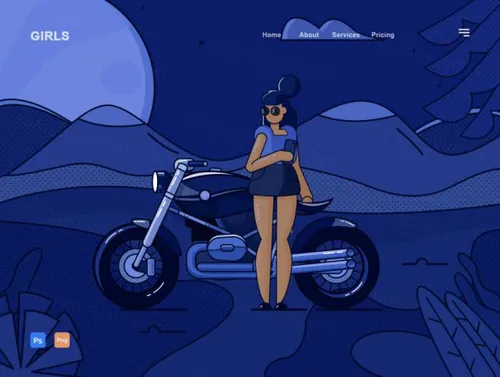 夜色下的机车女孩 扁平简约商业插画素材 Business/Profes