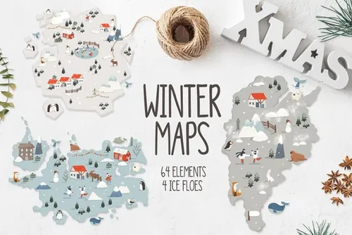 冬日圣诞活动地图剪贴画素材合辑 Winter maps