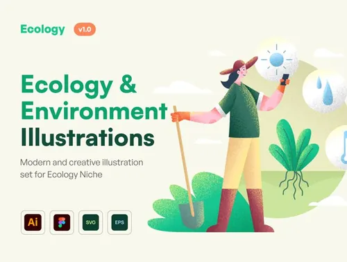 潮流手绘噪点颗粒感生态保护环境主题插画素材 Ecology